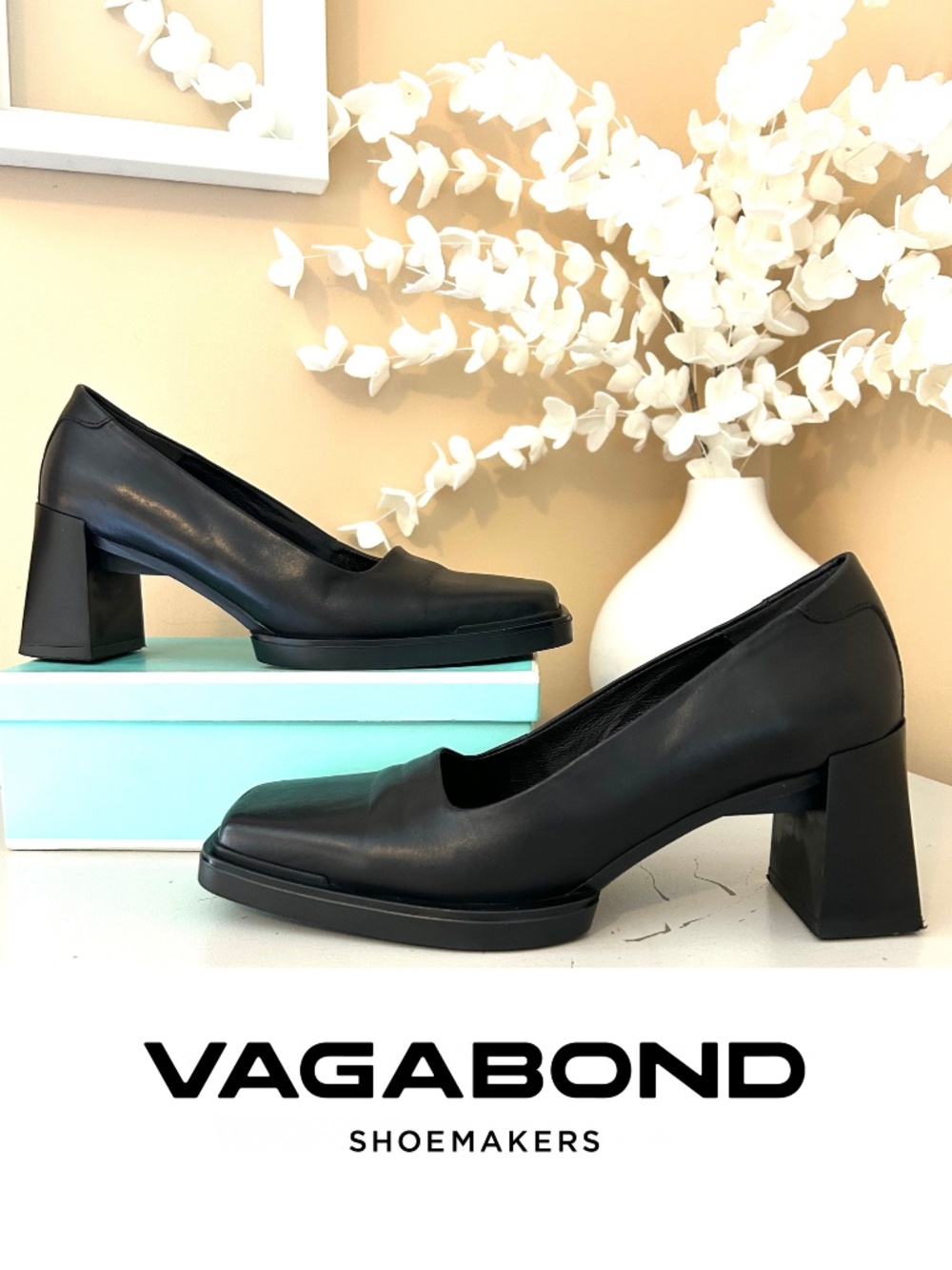 Vagabond Shoemakers Edwina Square Toe Black Leather Block Heeled Pump Size 8